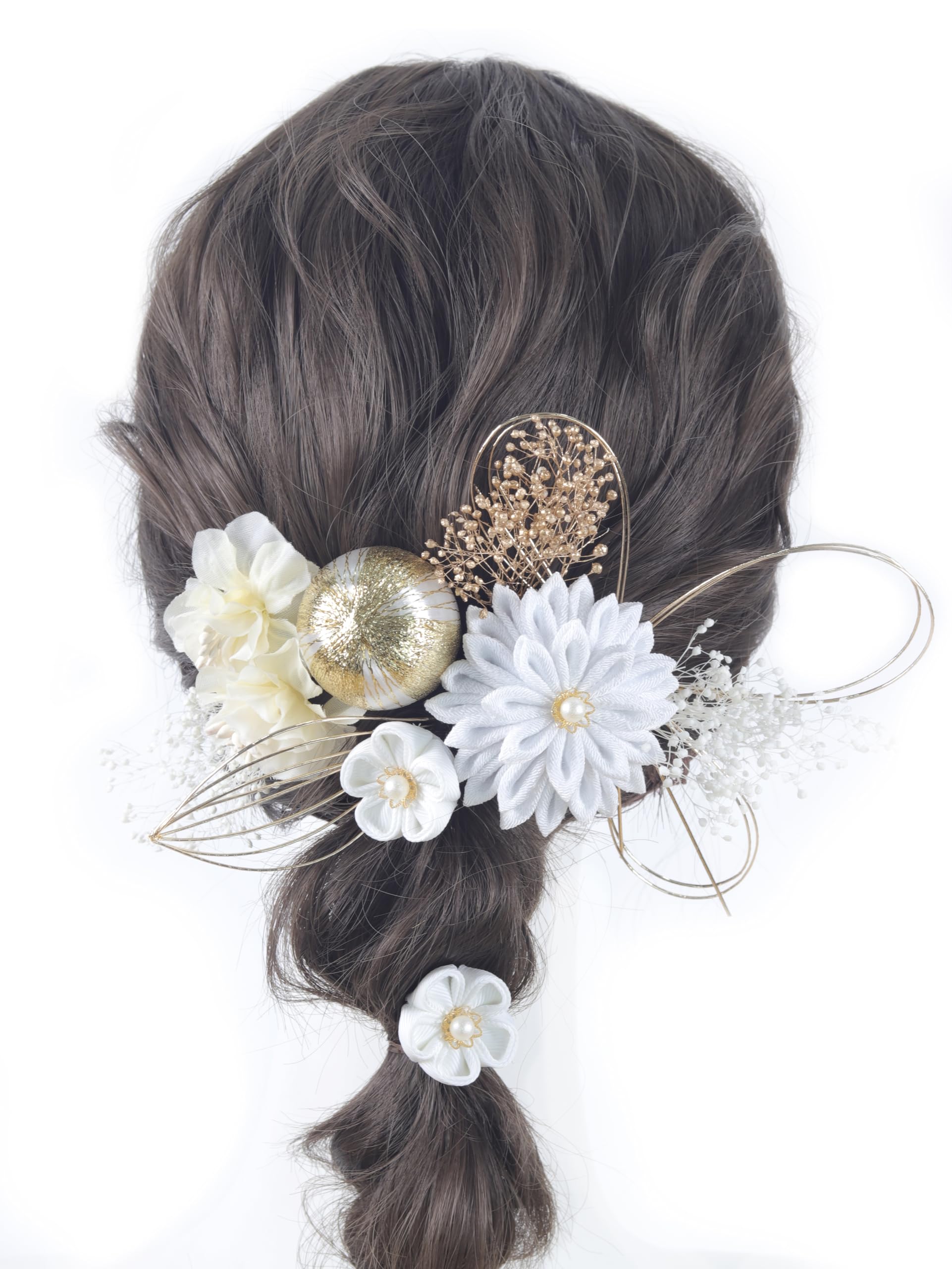 

[Handmade by NANA] Hair Ornament, Tsumami Zaiku Tassel, Ball Ornament, Ping Pong Chrysanthemum, Dangling Pearl Beads, Mizuhiki Arrangement, for