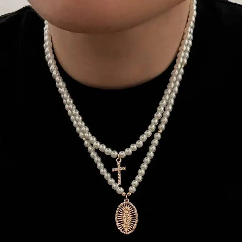 SHIXIN 2 Pcs/Set Hip Hop Jesus Cross Pendants Necklace Men Trendy Charm Imitation Pearls Chain Adjustable Chokers Street Jewelry