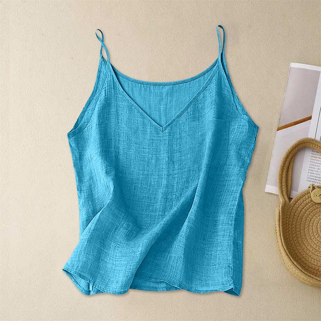 Women V Neck Sleeveless Tank Top Casual Loose Fit Linen Camisole with Pocket Design for Everyday Wear and Comfort