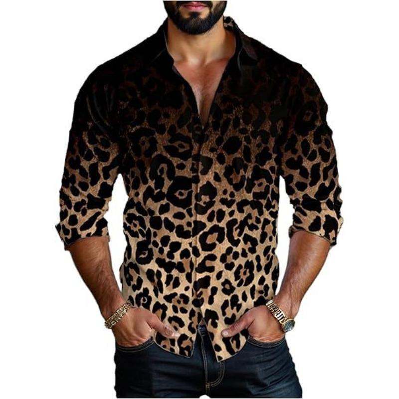 Mens Fashion Leopard 3d Print Casual Breathable Long Sleeve Shirt