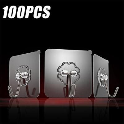 100PCS/set Transparent Stainless Steel Strong Self-adhesive Hooks Bathroom Towel Clothes Storage Sticky Hook Key Pendant Storage
