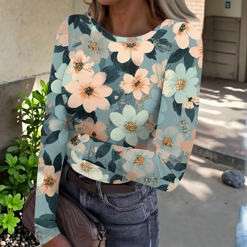 Women’s Casual Long Sleeve Ribbed Crew Neck Top with Floral Print Pullover Lightweight Stretchy Knitwear for Daily Wear