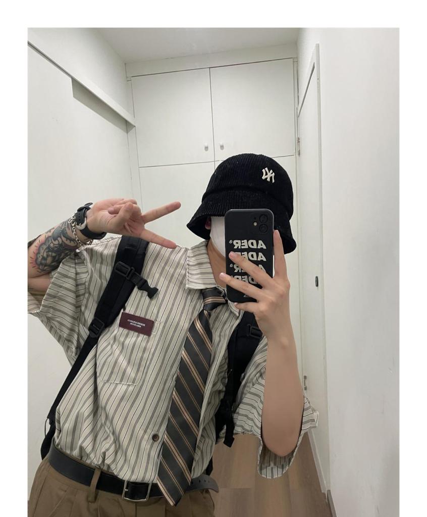 2023 Summer Unisex Japanese Retro Striped Lapel Short-Sleeve Trendy Shirt