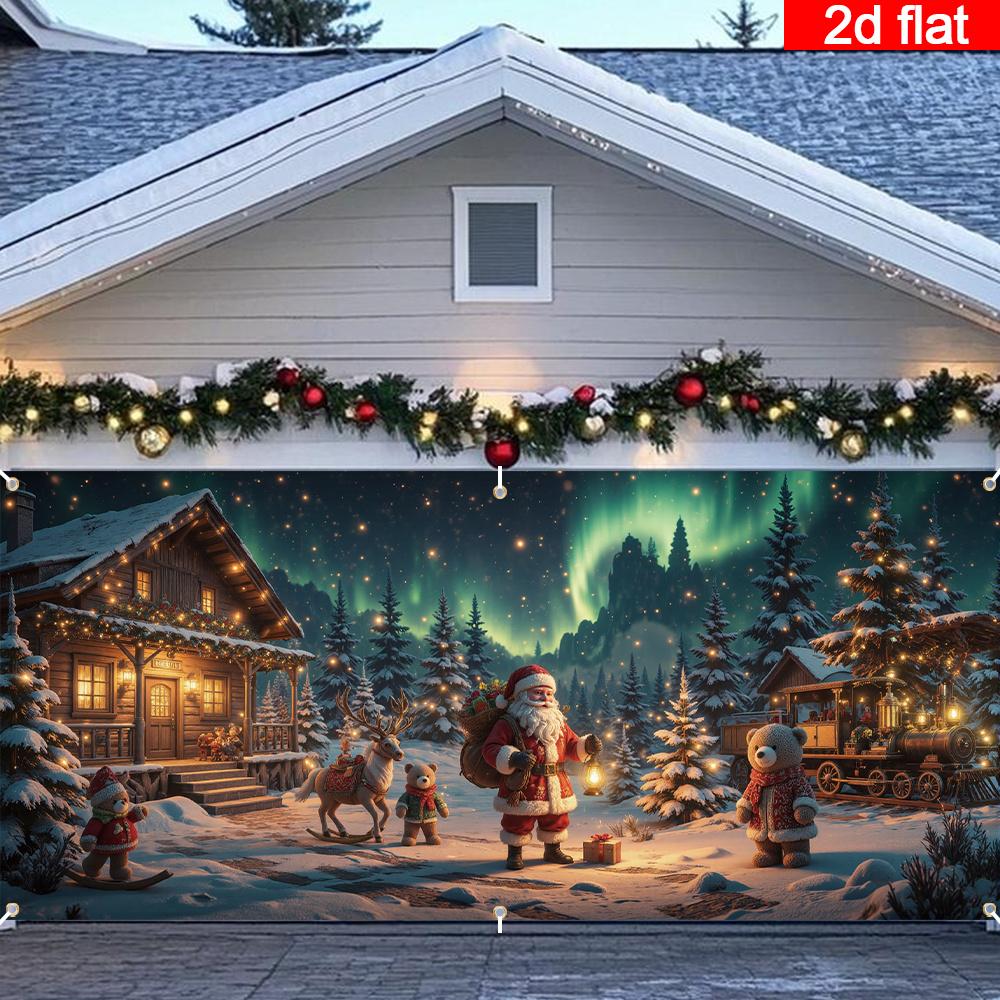 2D Türflagge 2D flach 1 Stück Weihnachten Garagentorbanner - Gemütliche Hütte Weihnachtsmann mit Geschenken Heimdekoration