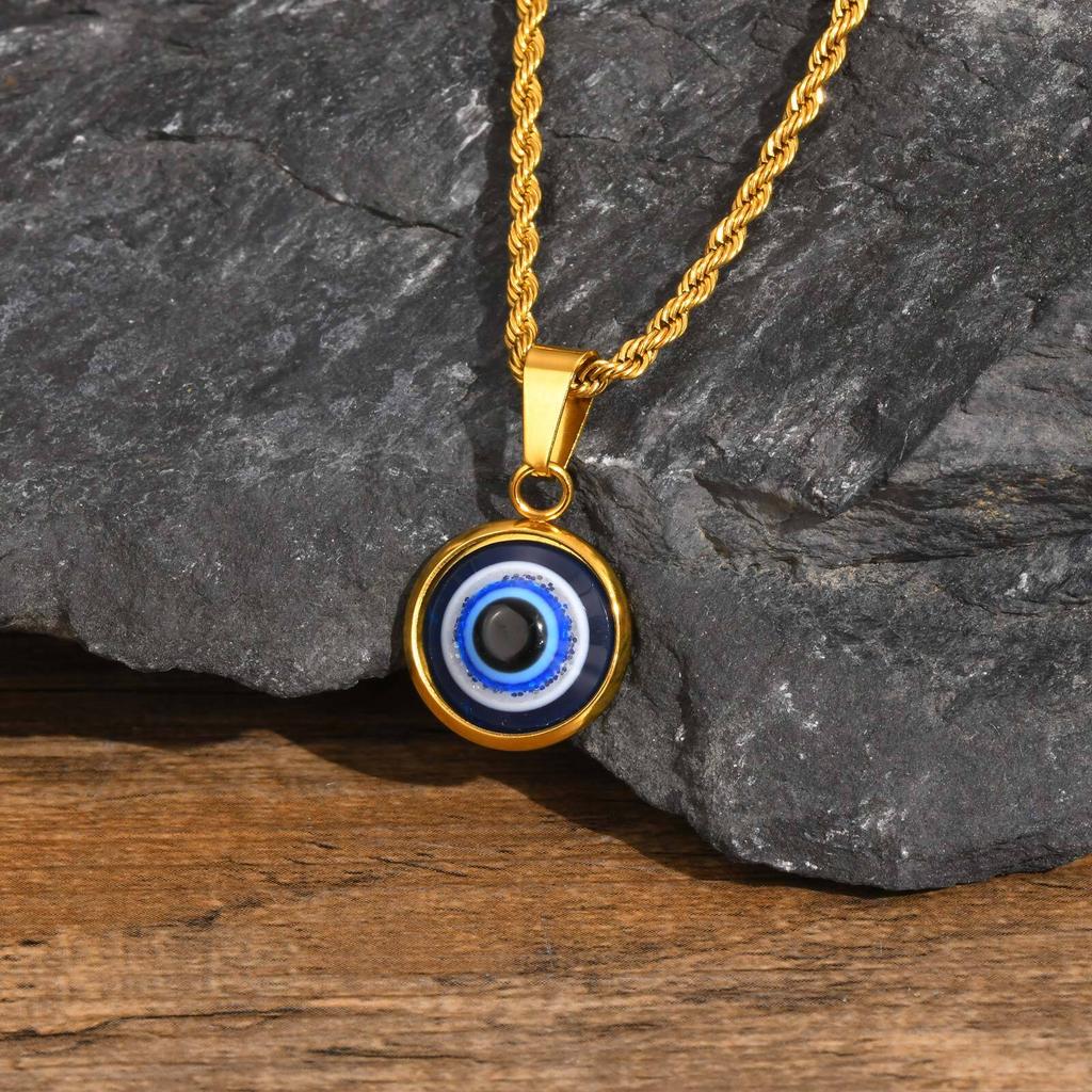 Lässige Böse Blaue Augen Halsketten für Männer Jungen,Runder Anhänger aus Edelstahl,Ethnische Türkische Amulett Geschenke Schmuck
