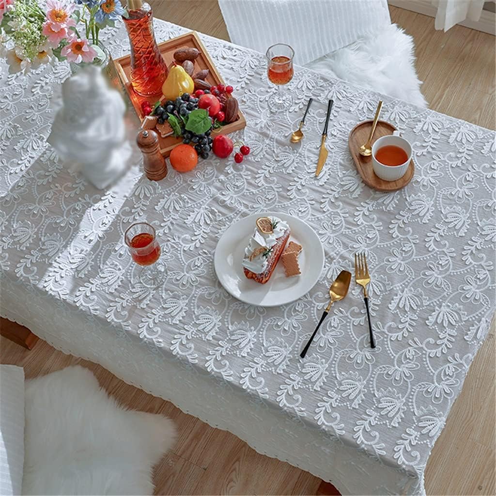 Weißer Spitzentischdecke für rechteckige Tische, Rustikaler bestickter Tischdecke für Abendessen, Hochzeit, Empfang, Heimdekoration