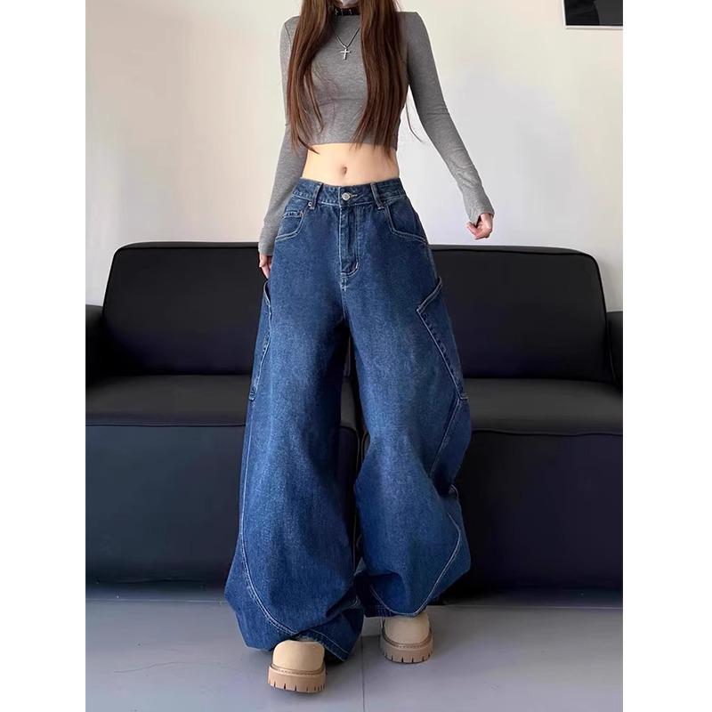 

Plus-Size Retro High-Waist Straight Leg Jeans for Women XL синий