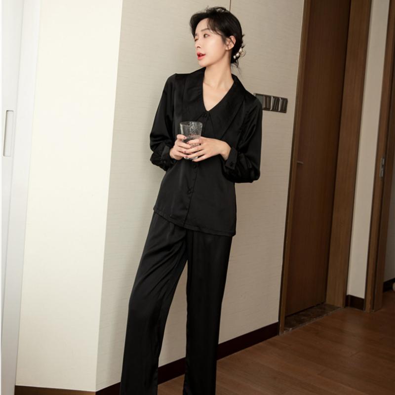 Ledový hedvábný oblek Ženy Francouzský Vintage Elegantní Pyžamo Elegantní Jednobarevné Jednoduché Kalhoty s dlouhým rukávem Podzimní Princezna Styl Domácí oblečení Dvoudílné Oblečení Elegantní