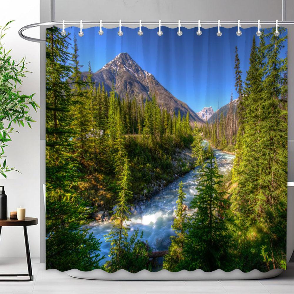 Outdoor Scenic Forest Shower Curtain With Hooks Green Plant Tree Waterfall Landscape Waterproof Shower Curtains Bathroom Decor