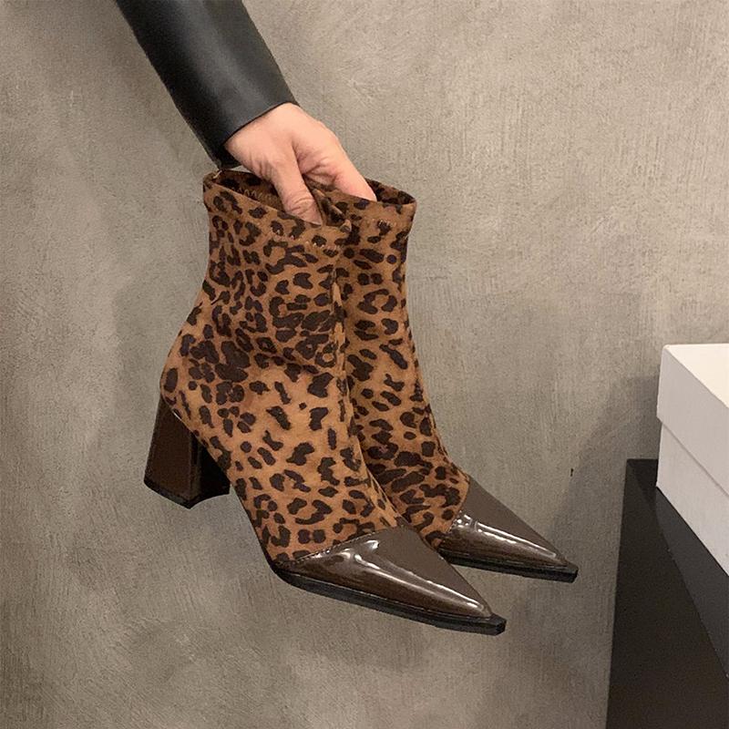 Winter Damen Spitzzehen Stiefeletten Mode Dicke Absatzschuhe Prägnanter Leopardenmuster Kurze Damenstiefel
