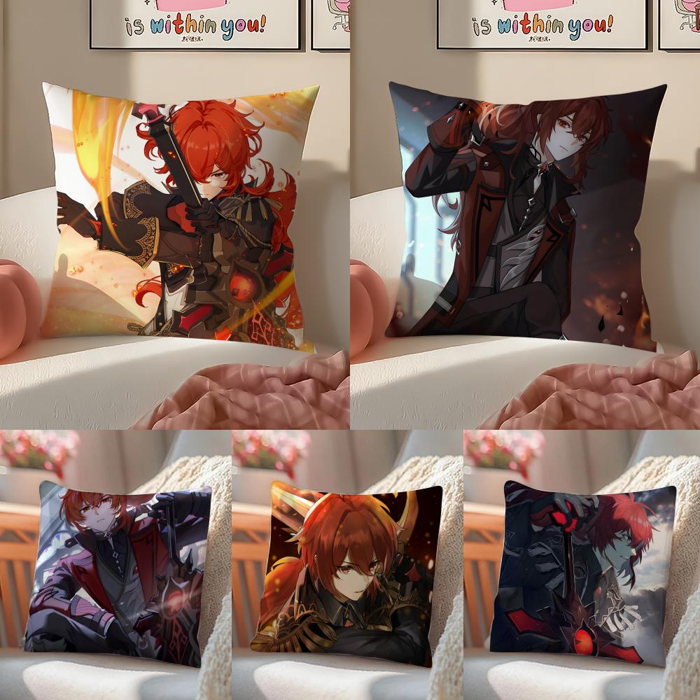Game Genshin Diluc Cushion Cover Pillowcase Short Plush Invisible zipper Room Sofa Cushion Cover