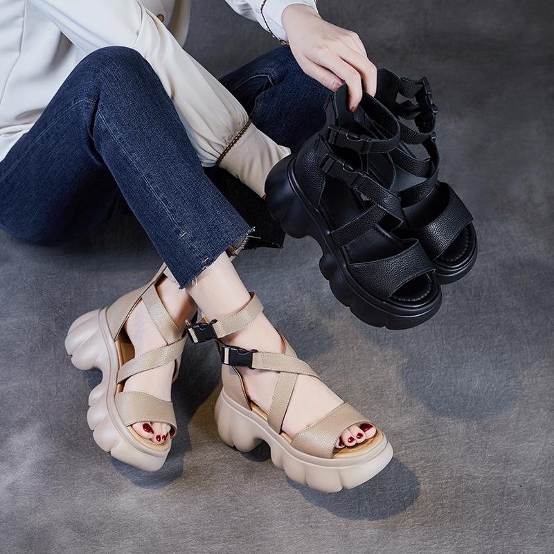 2023 New Summer Fashion Shoes Women Sandals Retro Genuine Leather Women Wedges Platform Sandals Peep Toe High Heel Sandals Black