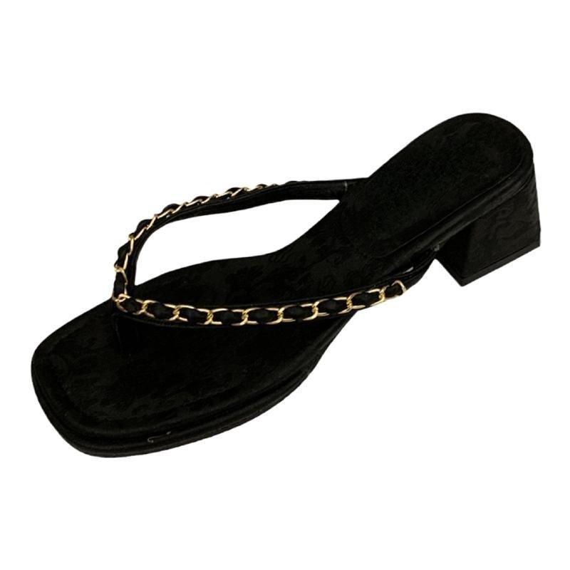 2025 summer new temperament thick heel flip-flops outer wear women's shoes retro metal chain toe high heel sandals