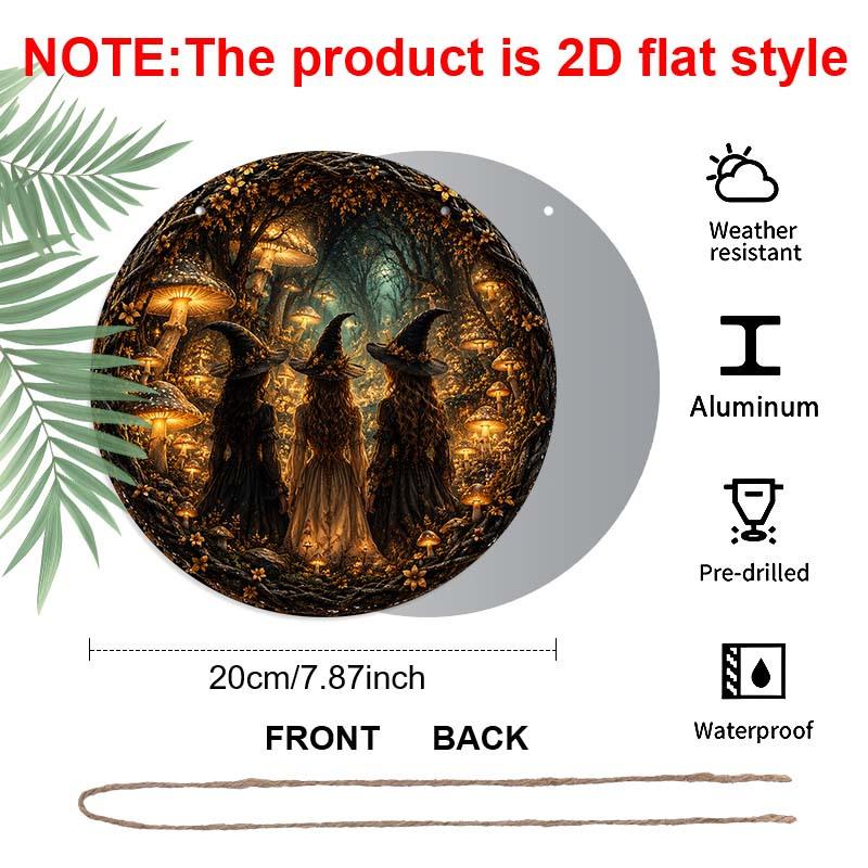 Three Witches Glowing Mushroom Forest Metal Wall Art 7.87x7.87 / 11.81x11.81 Inch Round Aluminum Sign For Home Garden Halloween Wall Decor 20*20cm