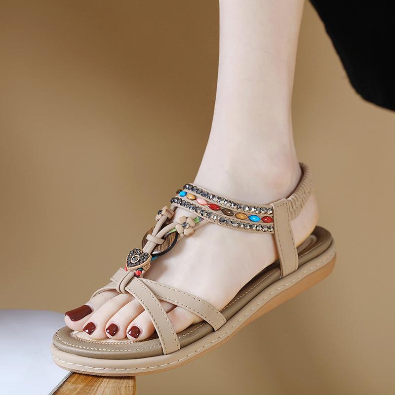 Fashion Summer Rhinestone Casual Beach Flat Sandals For Women Comfort And Versatile Ethnic Style Bohemian Retro Beaded Elastic Band