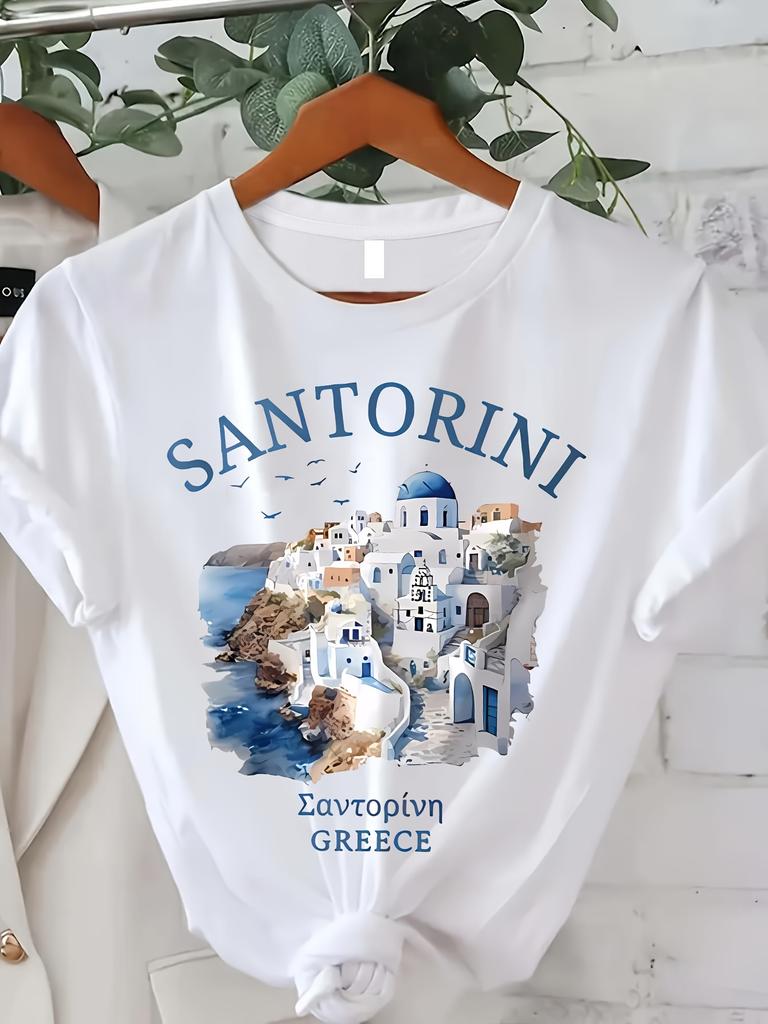 Santorini Print Crew Neck T-shirt Short Sleeve Casual Top For Summer & Spring Women's Clothing