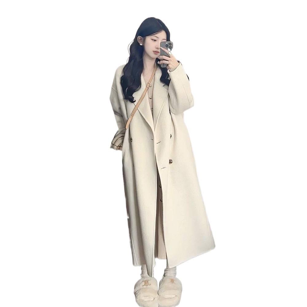 Sense Oatmeal Wool Coat for Women - Korean Style, Mid-Length, Plus Velvet, Thick, Perfect for Autumn and Winter.