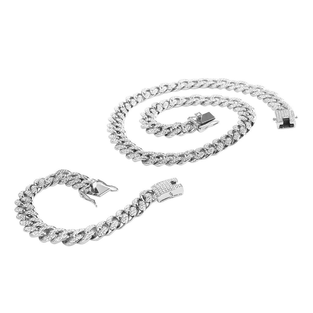 Necklace Bracelet Set Alloy Rhinestone Easy Open Buckle Hip Hop Bracelet Set Silver Gift