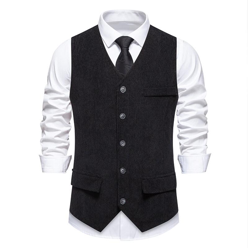 Cozy Up New Men's Corduroy Vest Fashion Retro V Neck Pockets Suit Vest Spring Autumn British Casual Vintage Gentleman Leisure Business