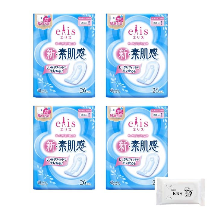 Ellis New Bare Skin Feeling Heavy Daytime To Normal 26 Set of Includes Team KKS Exclusive Raccoon Wet Wipes (For Days) Wingless, Wipes, 4,