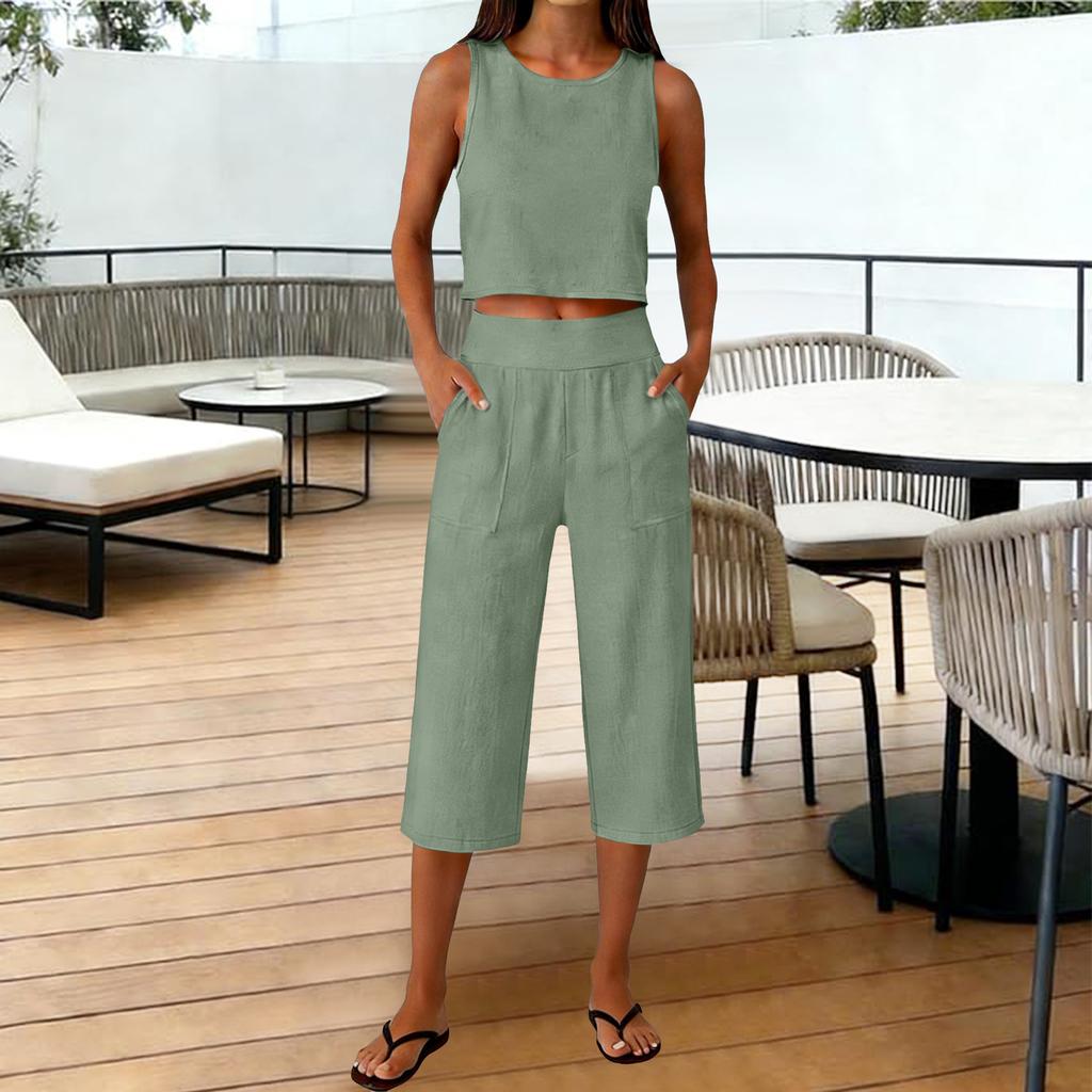 Sleeveless Crop Top and Wide Leg Pants Two Piece Set for Women Loose Fit High Waist with Pockets Casual Outfit