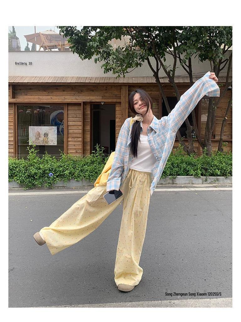 2025 Women's Yellow Jacquard Straight-Leg High-Waisted Slimming Summer Pants