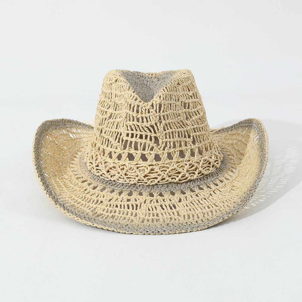 New Hot Sale Curved Brim Hollow Denim Straw Hat, Painted Gradient Sun Beach Fedora, Summer Vacation Cap