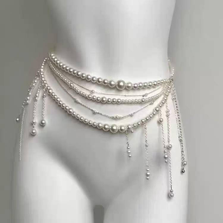 Custom Pearl Multi Layer Beaded Tassel Waist Chain with Copper Pin Buckle for Women Dress Jeans Belt