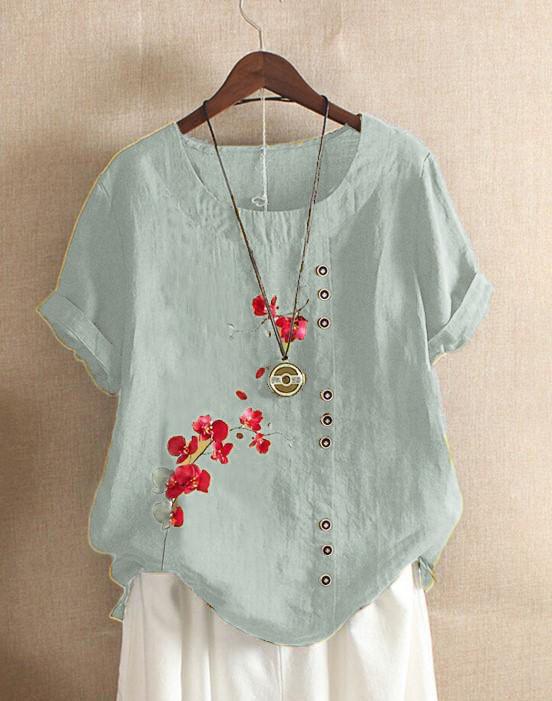 Women's Summer Retro Print Loose Cotton-Linen Short Sleeve Casual T-Shirt