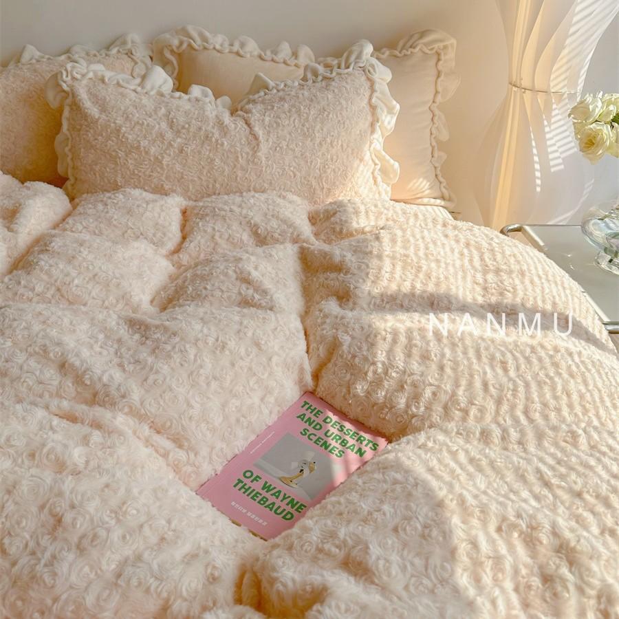 Cream Rose | Fairy Lace Thickened Milk Fleece Four-Piece Winter Rex Rabbit Fleece Fleece 1.8 Sheet