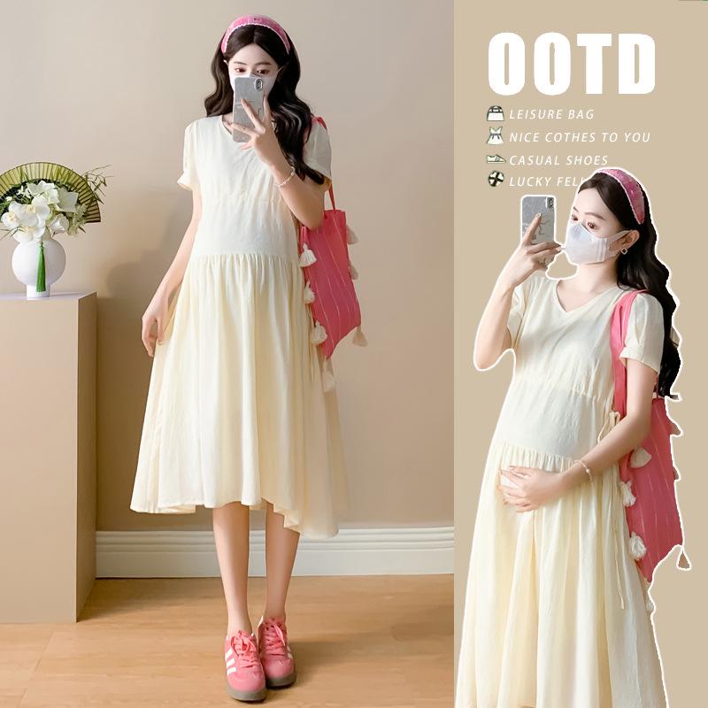 2026 Summer French V-Neck Jacquard A-Line Maternity Dress L
