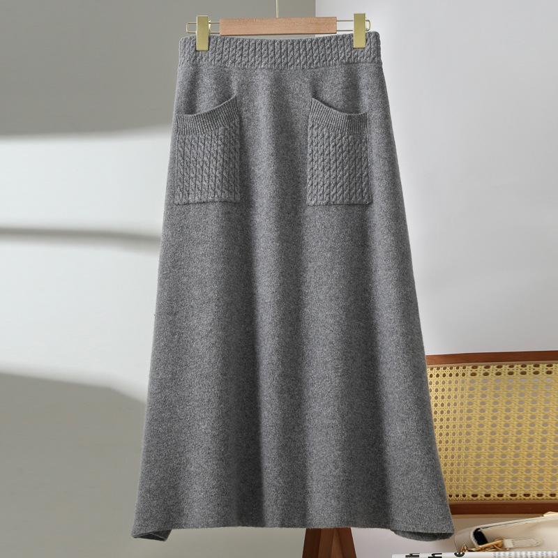 

Women s High Waist A-Line Wool Skirt - Autumn/Winter Mid-Length with Pockets, Knitted for Versatility L