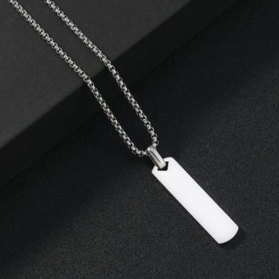 Minimalist White Blank Vertical Bar Pendant Silver Stainless Steel Box Chain Necklace For Unisex Daily Wear