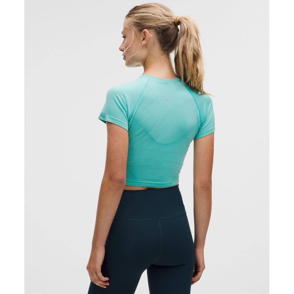 Lululemon Swiftly Tech Cropped Short Sleeve Shirt 2.0 Spandex Stripe Fountain White