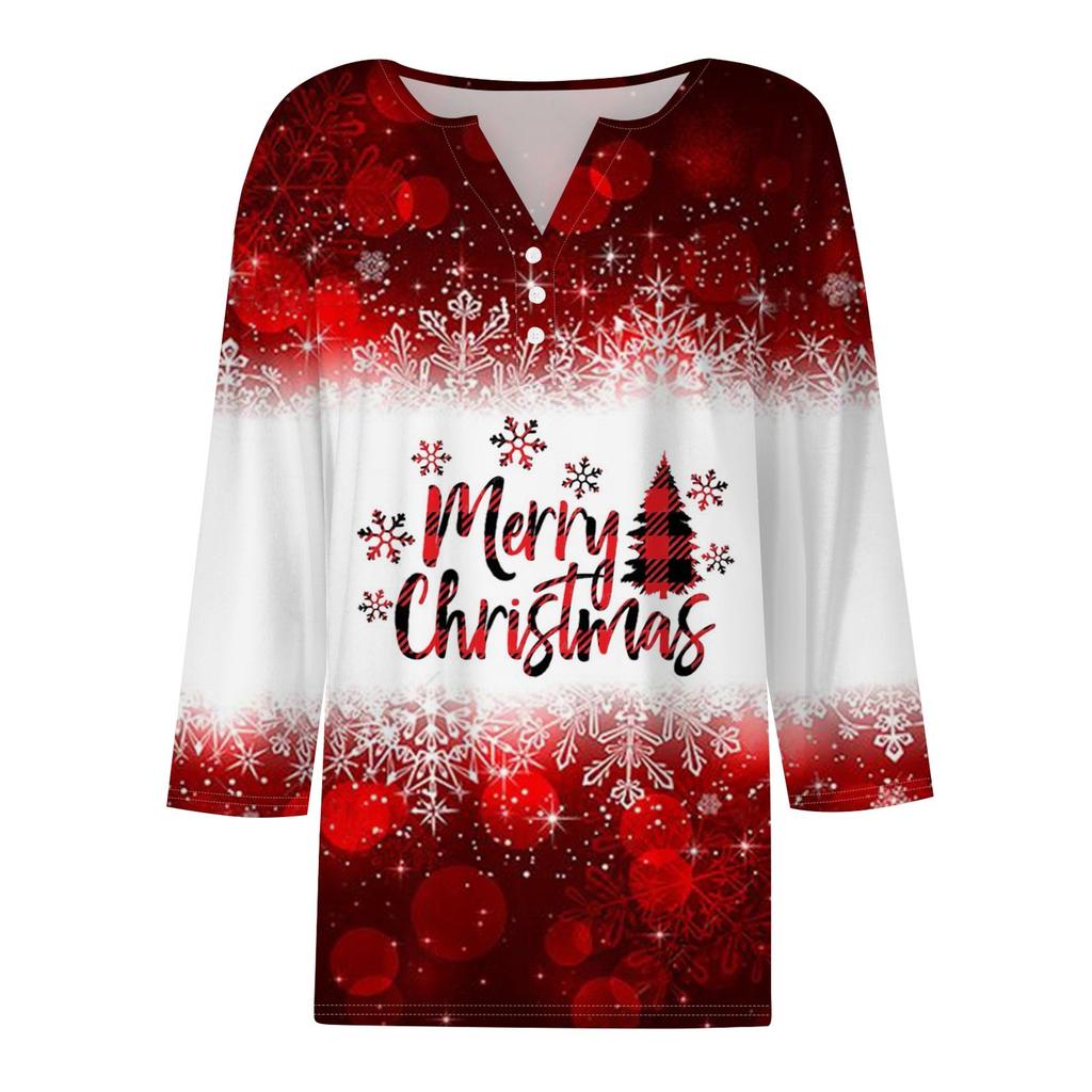 Women's T Shirt Tee Print Button 3/4 Sleeve Daily Weekend Fashion Basic V- Neck Regular Top