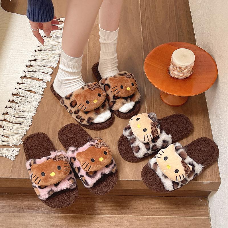 Fell-Hausschuhe mit Leopardenmuster Damen 2025 neu Herbst und Winter Zuhause Indoor Rutschfest Niedlich Outdoor Baumwollhausschuhe Damen