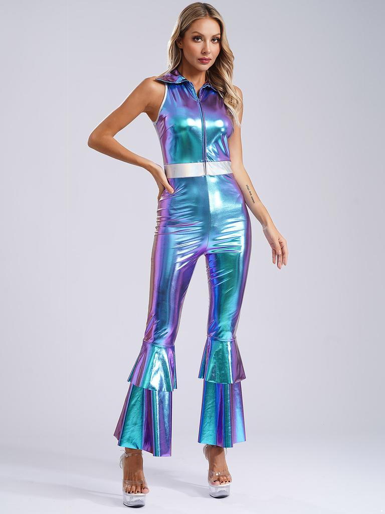 Women Shiny Metallic Jazz Modern Dance Jumpsuit 70s Disco Theme Party Singer Dancer Cosplay Costume for Halloween Carnival Rave