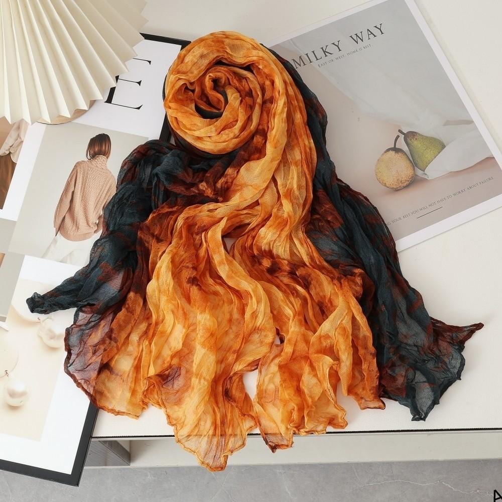 Tie Dye Gradient Cotton Linen Scarf Vintage Retro Pleated Printed Scarf Luxury Brand Designer Long Shawl Wrap For Autumn Winter