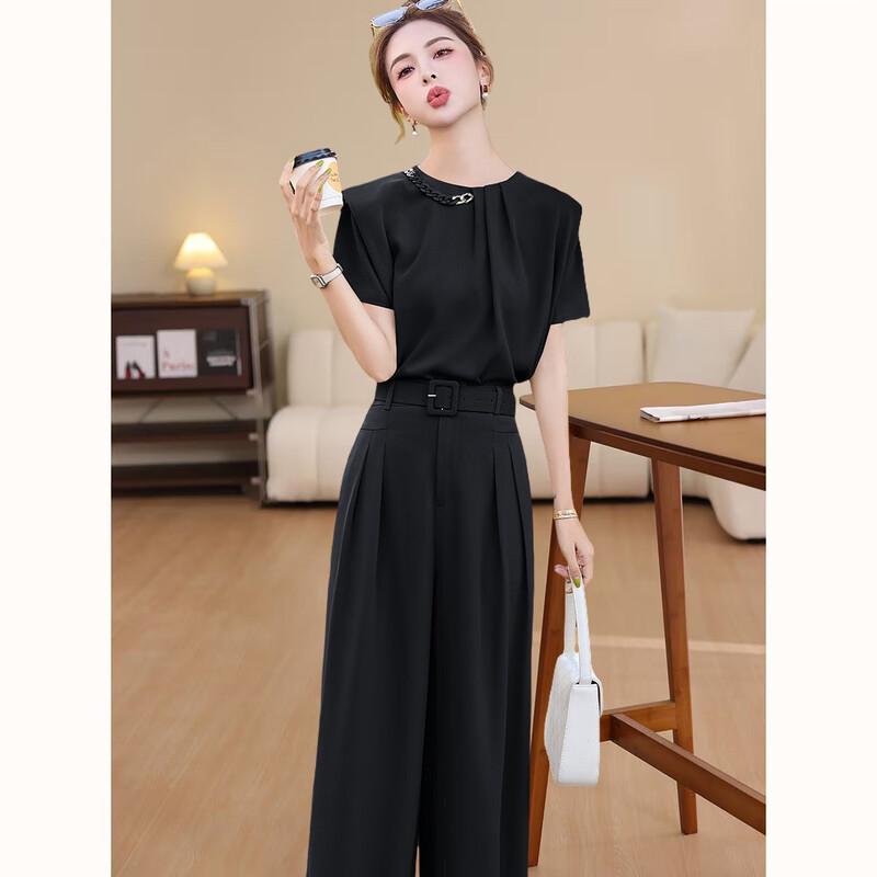 D.F.DEAR Elegant Round Neck Short Sleeve Wide-Leg Pants Set