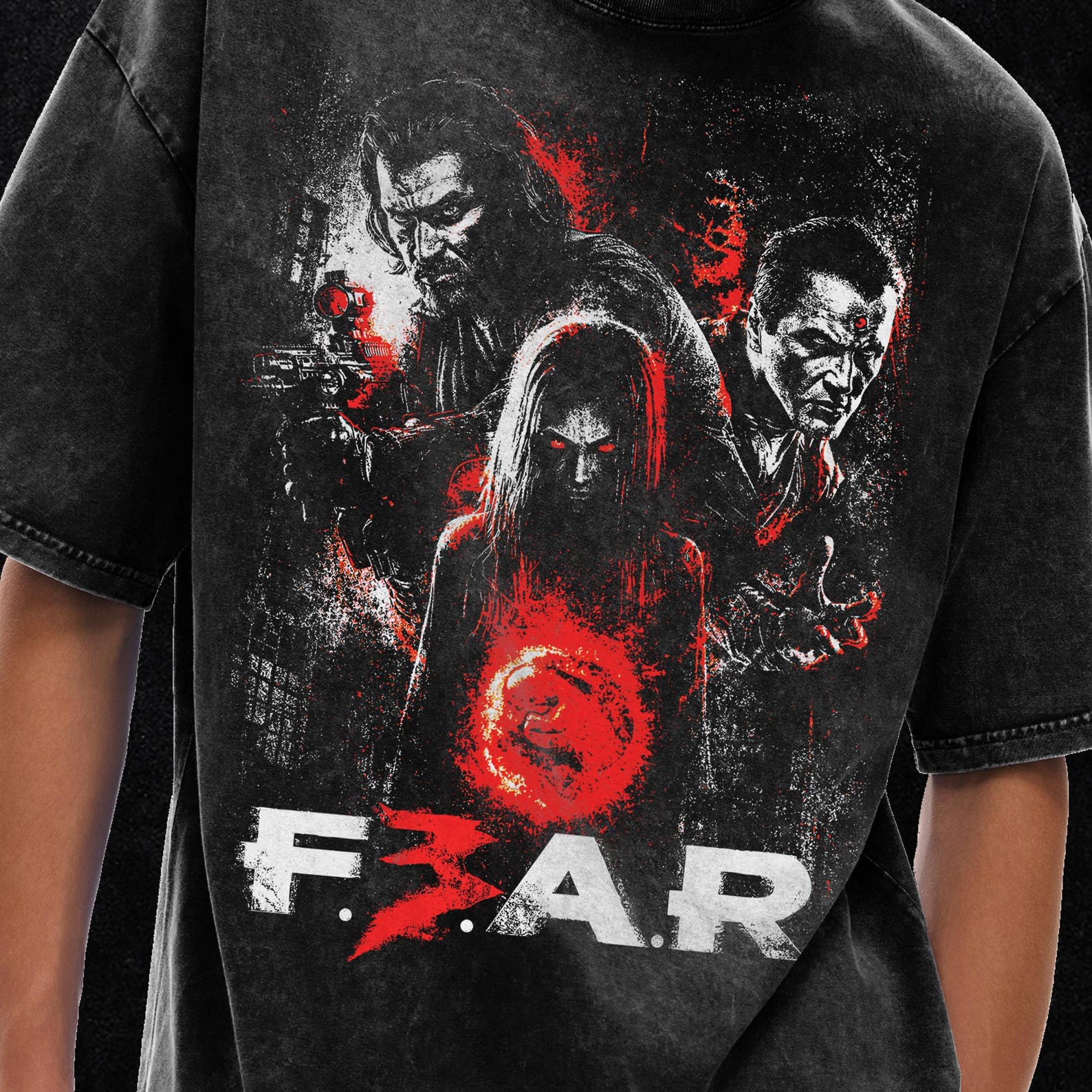 Fear 3 Retro Horror Graphic Tee, Y2K Goth Shirt, Acid Wash Oversize T-Shirt, 250 GSM, Grunge & Goth Streetwear, Vintage Washed T-Shirt 4XL