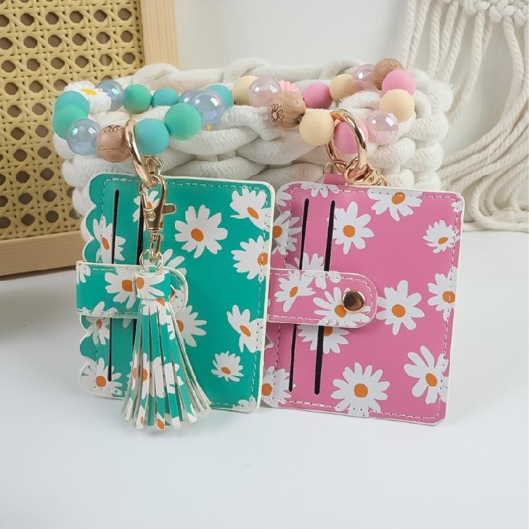 Secure Closure Daisy Beaded Keychain Bracelet Soft PU Leather Women Girls Fashion Accessory