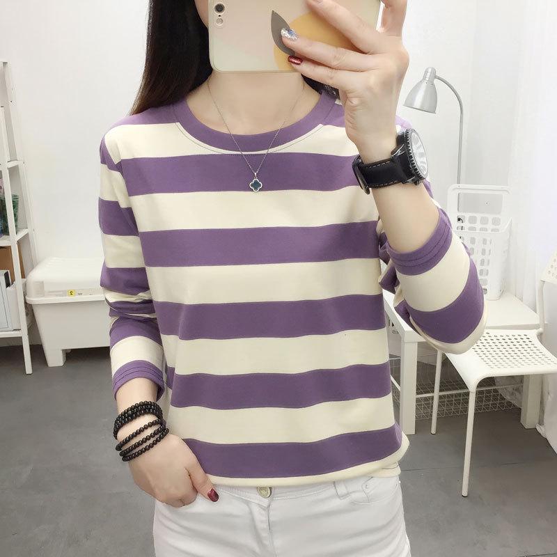 

Свободная повседневная женская футболка в полоску с длинным рукавом 2024 года — универсальный нишевый дизайн на весну и осень 4XL (160-180 jin)