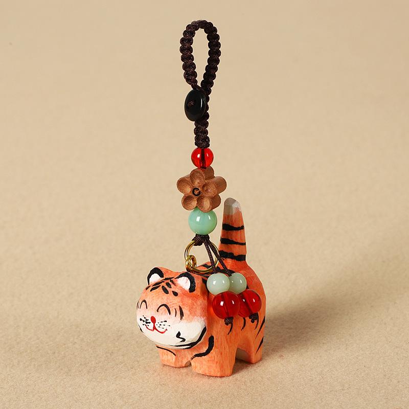 Hand-Carved Wood Tiger Keychain, Cute Lucky Tiger Pendant with Peace Bead,Wood Tiger Keychain, Lucky Tiger Pendant