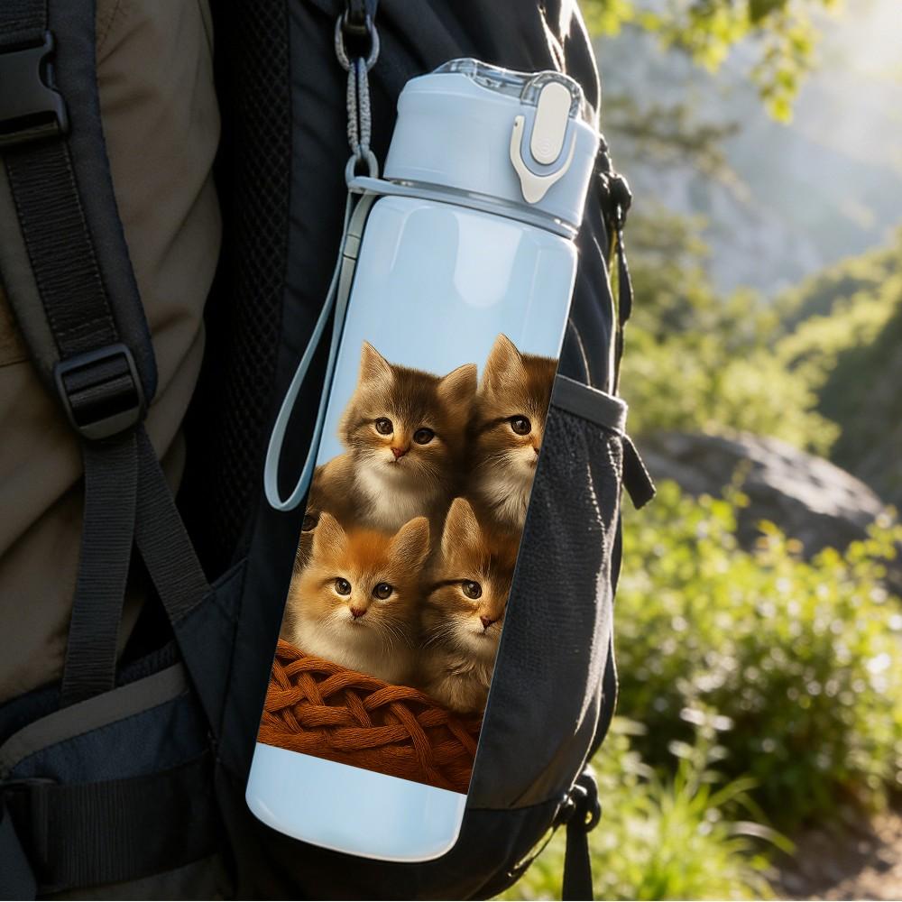 1PC Group Of Fluffy Kittens Print 750ml Color Plastic Sports Water Bottle Leakproof Flip Straw Lid Suitable for Sports Office Home Use