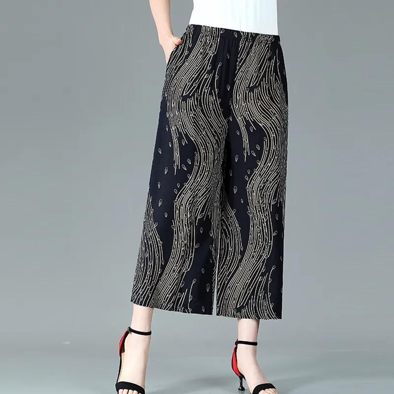 WTEMPO Cotton Hemp Blend Women Large Size Wide Leg Pants Mom High Waist Elastic Printed Thin Cropped Pants