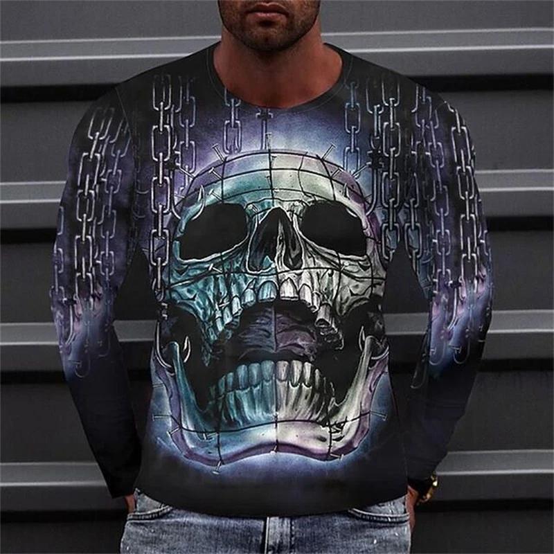 skeleton men s long-sleeved T-shirt Autumn men s casual hip-hop round neck T-shirt 3d skull print casual street Men s Clothing S