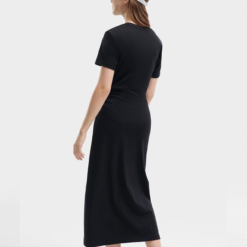 Fila Original Logo Solid Color Slit Fashion Casual Simple Slim Knit Round Neck Pullover Short Sleeve Dress Women Dresses Black F51W429302F-BK