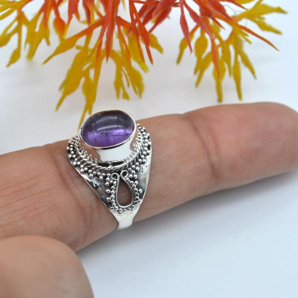 Amethyst Ring Gemstone 925 Sterling Silver Ring Handmade Stone Bohemian Jewelry for Women - 5.3 Gms