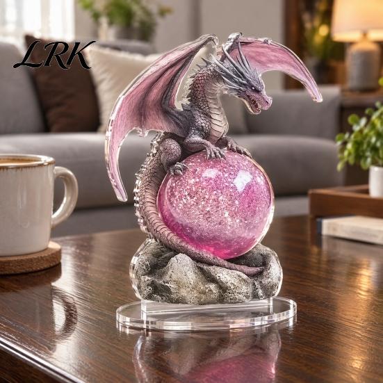 Decorative Figures for Bookshelves 2D Flat Acrylic Dragon Statue, Mystical with Pink Crystal Ball Handmade Fantasy Art Decor on Rock Base, Desktop