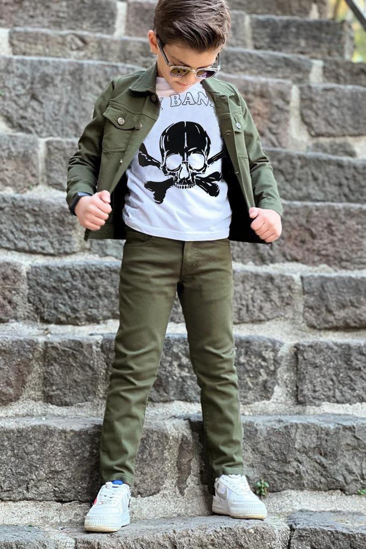 

Футболка с принтом Dry Head для мальчиков, куртка с двумя карманами, костюм из 3 предметов, низ и верх цвета хаки, костюм для детей от 3 до 12 лет